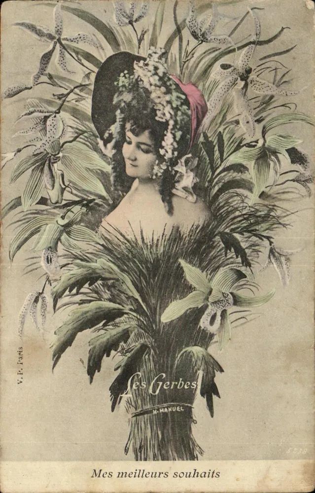 Frau mit Hut, verziert mit Blumen — Les Gerbes — H. Manuel, n° 5238 - Vorderseite