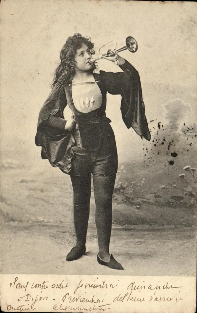 Junge Frau in Bühnenkostüm, das Trombone spielt — Dijon, Serie 159 — Verlag Dijon - Vorderseite