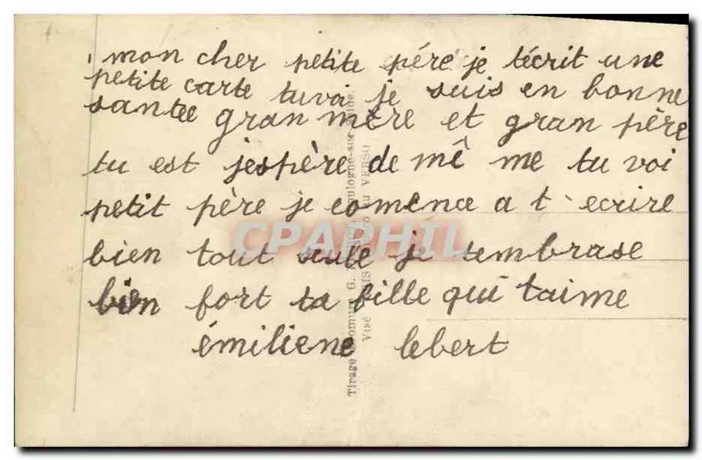 Ein Mann und ein kleines Mädchen — zärtliche Szene — Druck von G. Guillogeux - Rückseite