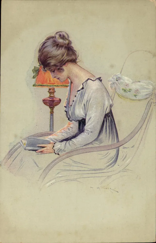 Frau, die mit der Lampe liest — Pariser Profile — von M. Millière, Serie 30, n°6 - Vorderseite