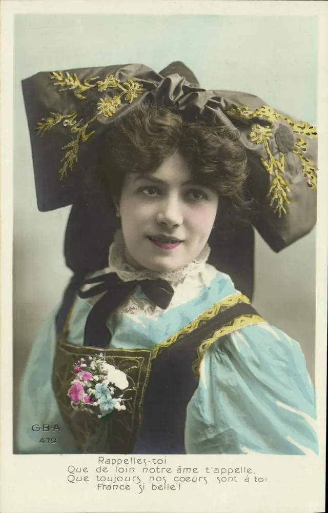 Junge Frau in geschmücktem Hut — poetischer Text — G.B.-A. n° 479 - Vorderseite