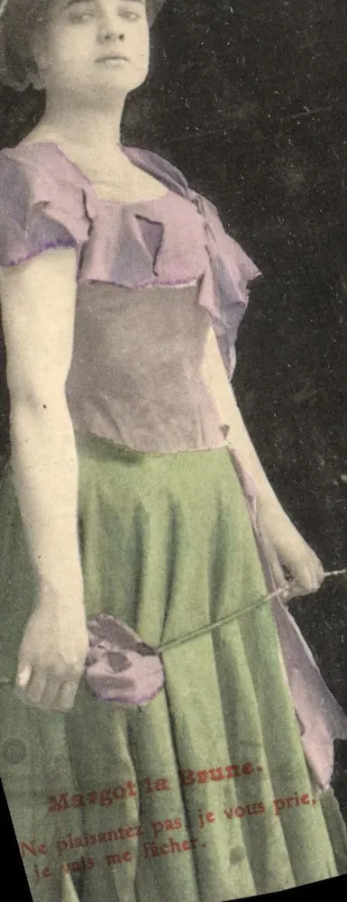 Margot la Brune — junge Frau in grünem Kleid und violetter Schürze — kein Verlag oder Nummer sichtbar - Vorderseite