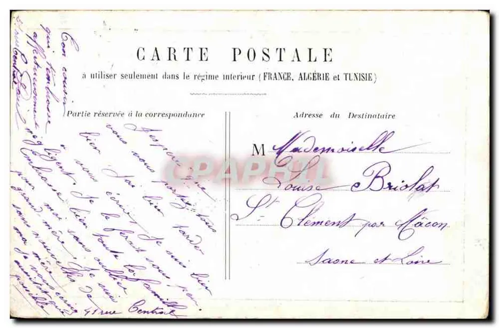 Lucette de Verly — junge Frau in weißem Kleid und Schleier auf einem Feld — veröffentlicht von der Société des Cartes Postales de Lyon - Rückseite