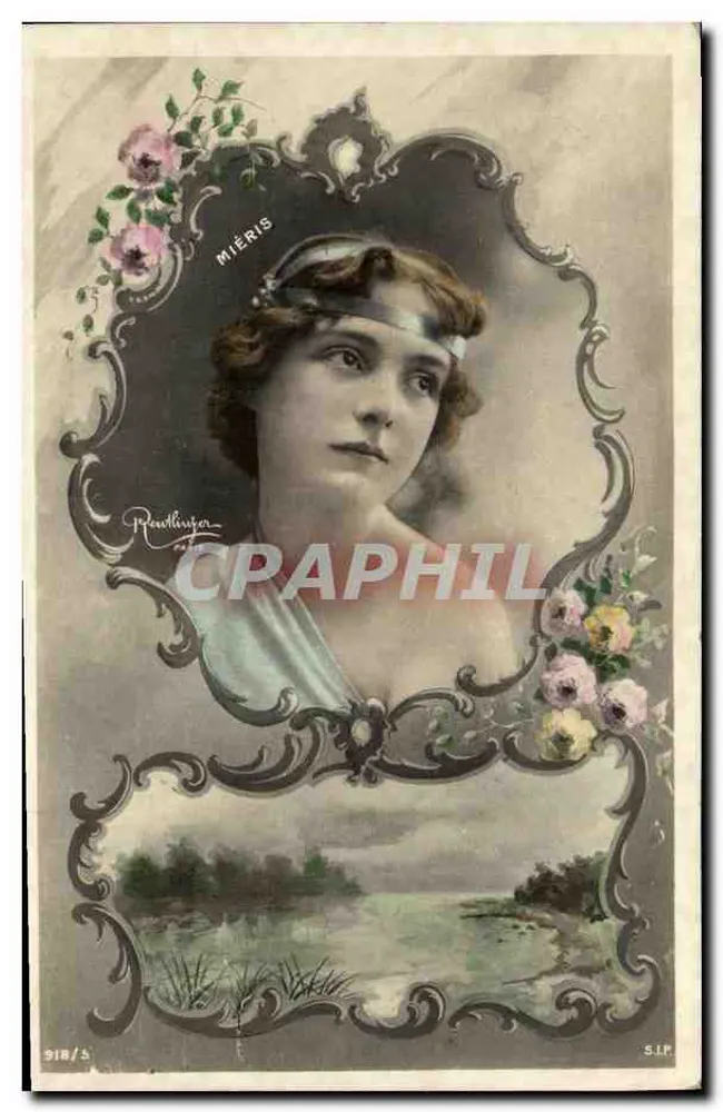 Junge Frau — Portrait in ornamentalem Rahmen mit Landschaft — Verlag Réoullinjer, Nr. 918/5 - Vorderseite