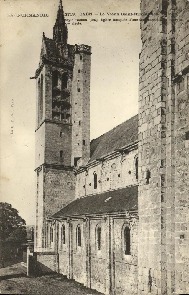 Caen — Das alte Saint-Nicolas der Cumières — Romanischer Stil (1099). Kirche flankiert von einer quadratischen Turm aus dem 15. Jahrhundert. - Vorderseite
