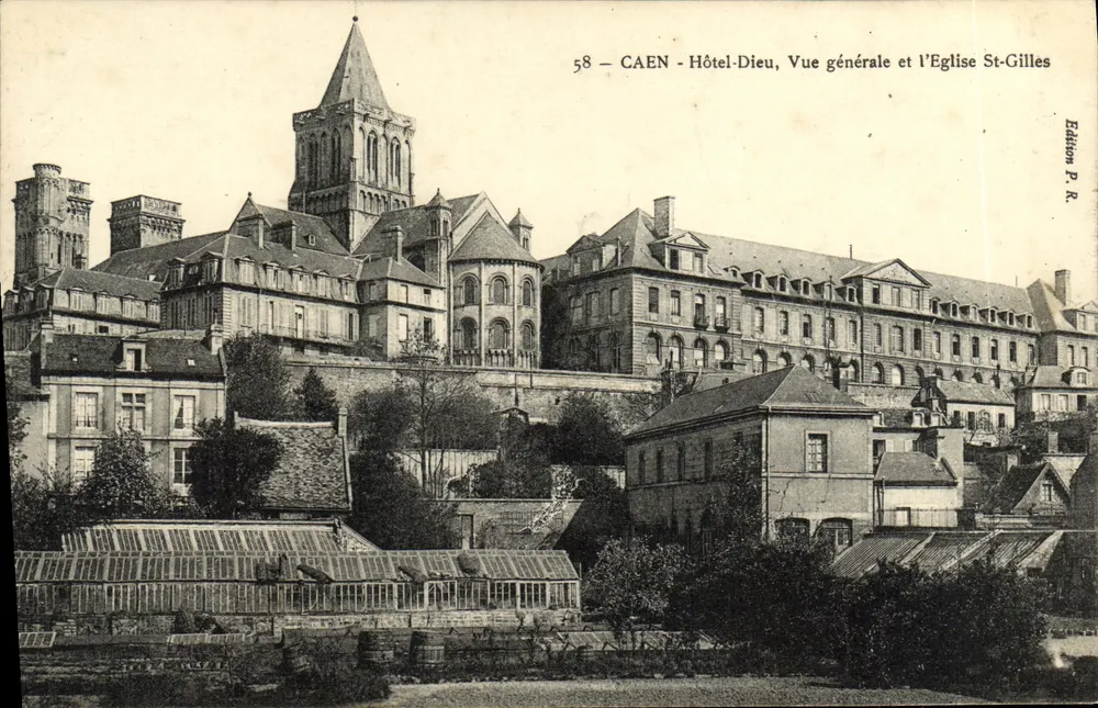 CAEN - Hôtel-Dieu, allgemeine Ansicht und die Kirche St-Gilles — Édition P. R. - Vorderseite