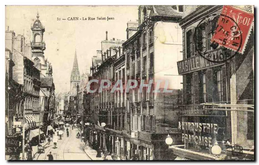 CAEN - Rue Saint-Jean — widok ulicy z kościołem na tle — wydawca nieznany - Awers