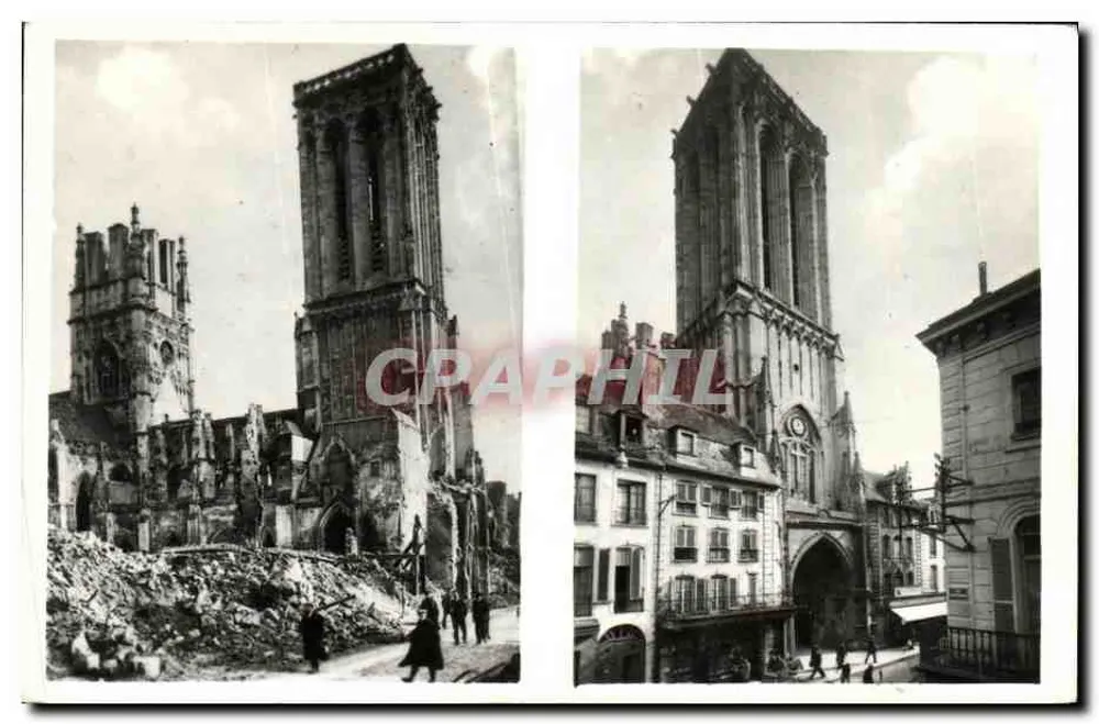Caen - Iglesia de San Juan — Antes y después de la batalla — Fot. M. LECOQ - Anverso