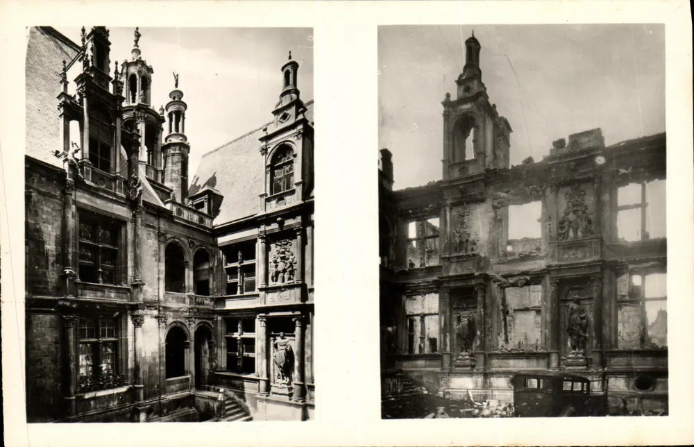 Caen - Das Hotel « Le Valois d'Escoville » (Renaissance) — vor und nach der Zerstörung — Edition R. D'escassalle et Cie - Caen - Vorderseite