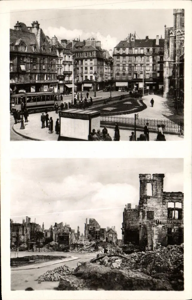Place St-Pierre em Caen — antes e depois da guerra — C.P.A.P.-PHIL - Frente