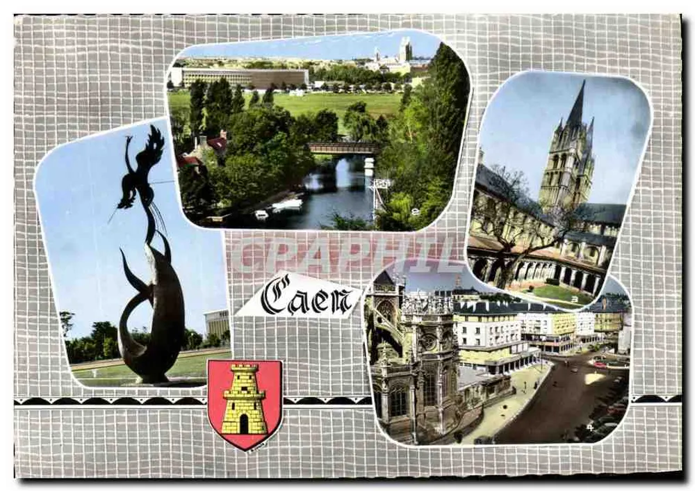 Caen — Panoramablick mit Statue des Phönix, Brücke über die Orne, Abtei und Boulevard der Alliierten — Graphil - Vorderseite