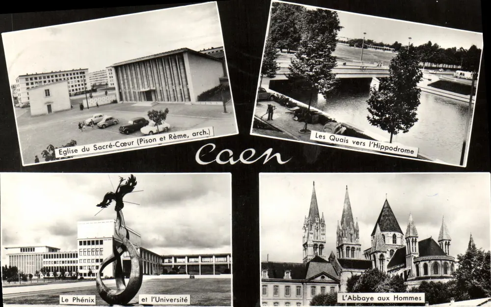 Caen — Kirche des Heiligen Herzens, Die Ufer in Richtung Hippodrome, Das Phönix und die Universität, Das Kloster der Männer — Pison und Rème, arch. - Vorderseite