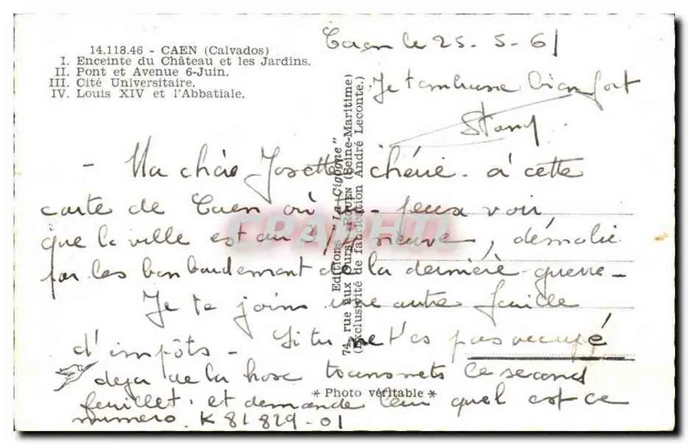 Caen — Omheining van het Kasteel en de Tuinen, Brug en Avenue 6-Juni, Universiteitsstad, Lodewijk XIV en de Abdis - Uitgaven aux Ours, Calvados - Achterkant