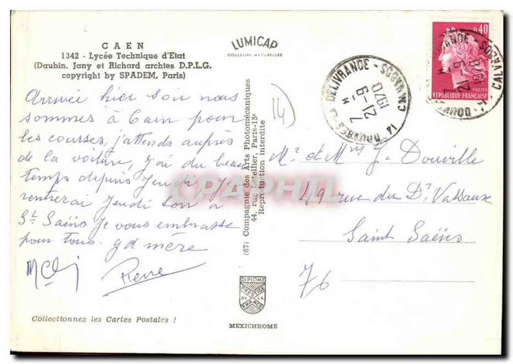 Lycée Technique d'État de Caen — vista da entrada com monumento — editor SPADERM, n° 1342 - Verso