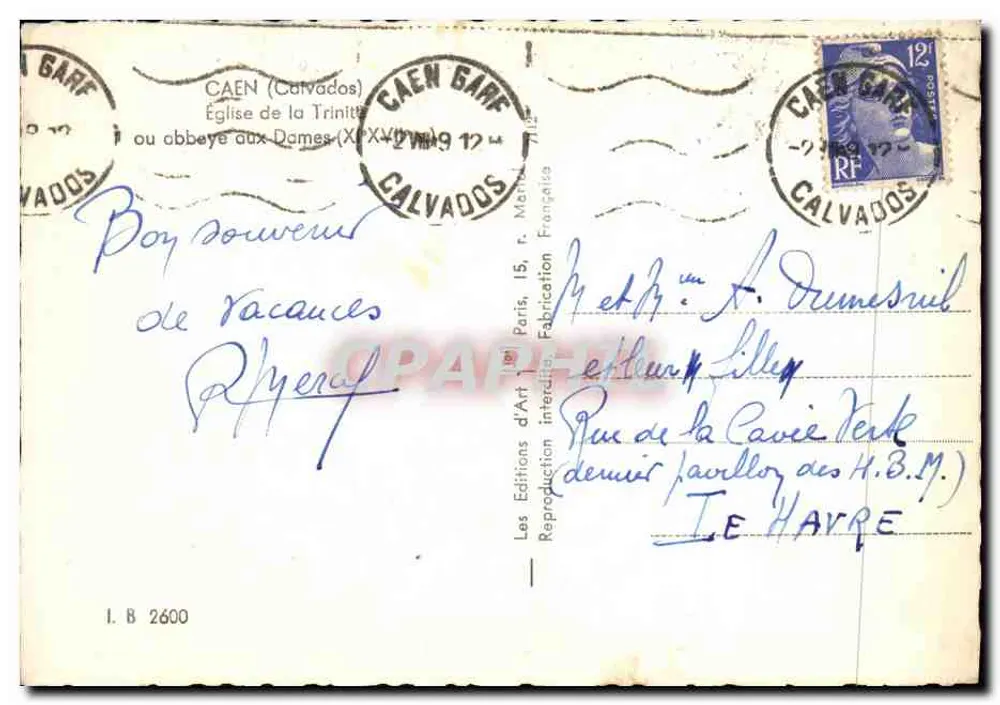 Chiesa della Trinità — Caen (Calvados) — Edizioni d'Arte, Parigi, n° I.B. 2600 - Verso
