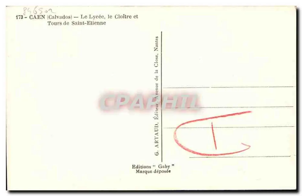 Caen (Calvados) — O Liceu, o Claustro e Torres de Saint-Etienne — G. ARTAUD, Edições "Gaby" - Verso
