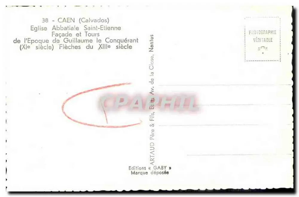 Caen — Igreja Abbatial Saint-Étienne — fachada e torres, época de Guillaume o Conquistador (século XII) — Éditions Gaby - Verso