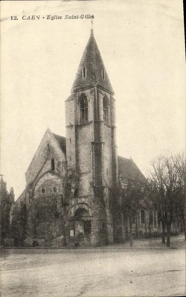 Caen - Kirche Saint-Gilles — Ansicht des Gebäudes mit dem Schieferdach-Giebel — Verlag MABON-DOCQUET, CAEN, Nr. 12 - Vorderseite