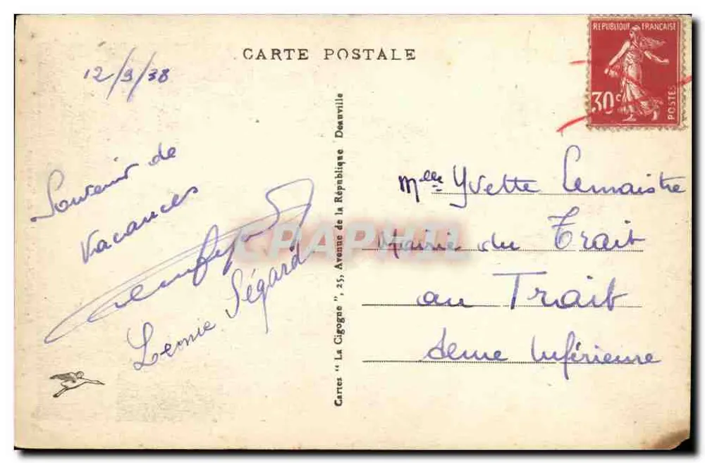 L'Église de Vancelles — éditeur 'Cartes "La Cigogne"', n° 84 - Verso