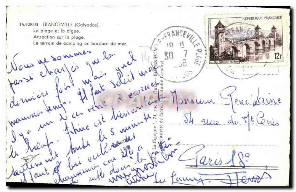 Franceville — Strand, Dünen, Dorf und Panoramablick — unbekannter Verlag, Nr. 14.409.03 - Rückseite