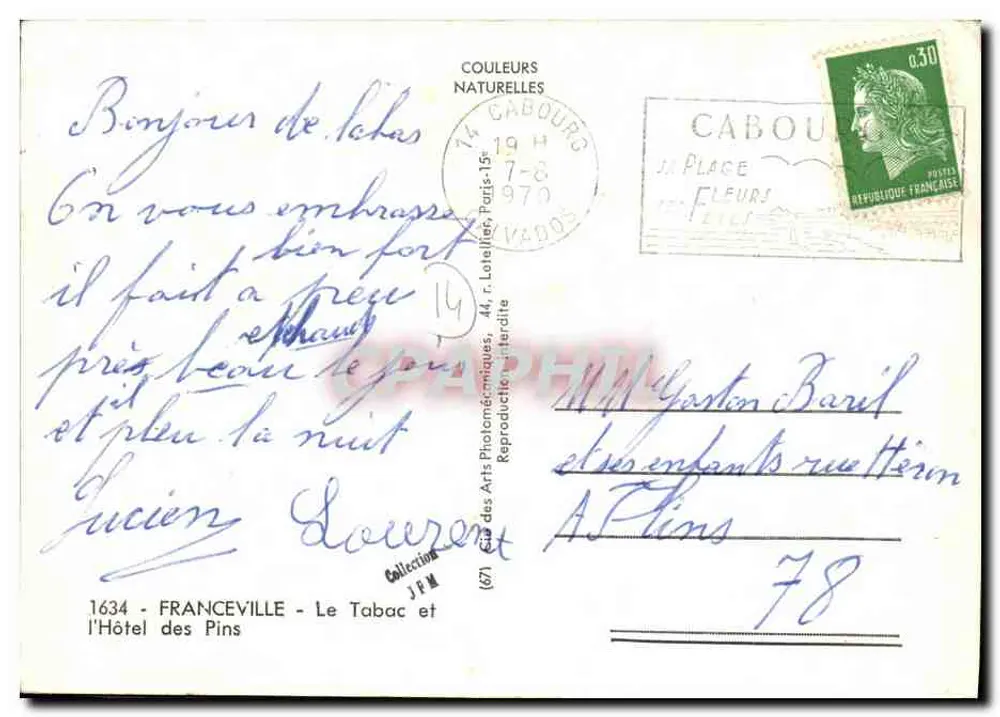Franceville - Das Tabakgeschäft und das Hotel des Pins — Verlag: Couleurs Naturelles - Rückseite