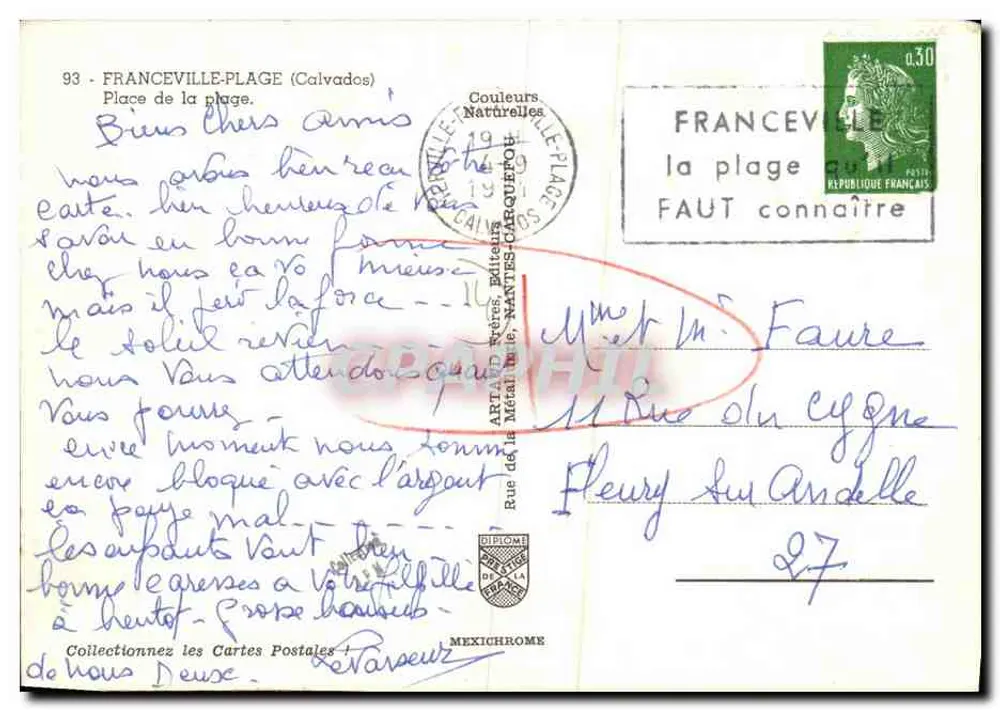 Franceville-Plage — Ansicht der Place mit Agentur Guerchillet und Tourismusverein — Verleger Artaud Frères - Rückseite