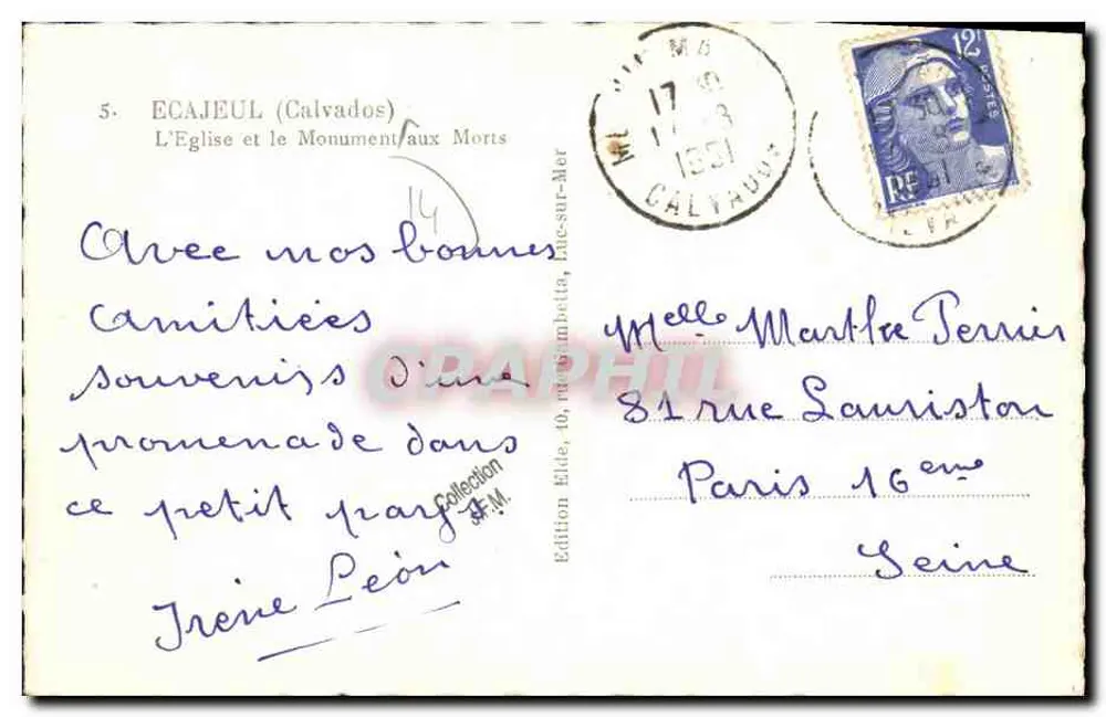 Écajeul (Calvados) — A Igreja e o Monumento aos Mortos — Edição Elde - Verso