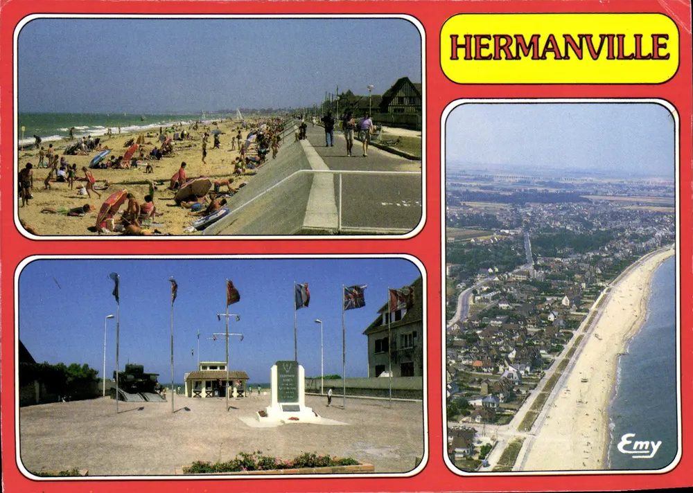 Hermanville-sur-Mer — plage, monument aux morts et vue aérienne — Éditeur Emy - Frente