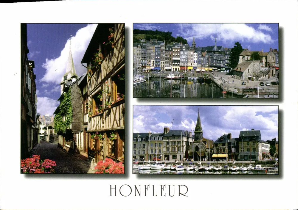 Honfleur — Ansicht der typischen Straße, des Quais Sainte-Catherine, des Turms von Saint-Etienne und des Hafens — Normandy Editions LE COUDE, Serie A 4393 - Vorderseite