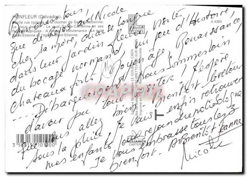 Honfleur — Ansicht der typischen Straße, des Quais Sainte-Catherine, des Turms von Saint-Etienne und des Hafens — Normandy Editions LE COUDE, Serie A 4393 - Rückseite
