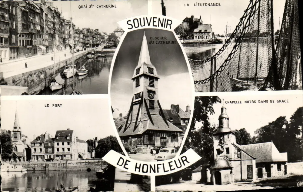 Honfleur — Quai Sainte-Catherine, Katedra Sainte-Catherine, La Lieutenancé, Port, Katedra Notre-Dame-de-Grâce — Souvenir de Honfleur - Awers