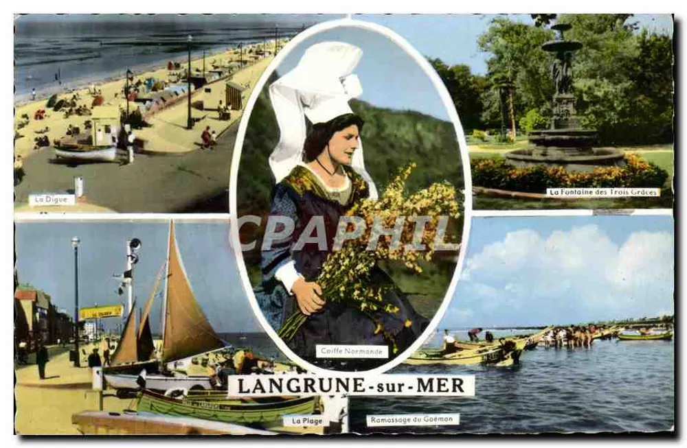 Langrune-sur-Mer — Panoramablick mit dem Deich, der Strand, die Fontäne der Drei Grazien und eine Frau im normannischen Kleid — Verlag Artaud, Nantes - Vorderseite