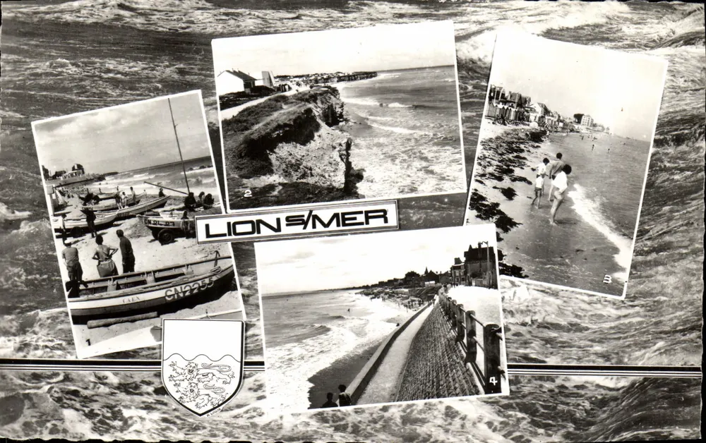 Lion-s/Mer — Vista composta da praia, falésias e canto dos pescadores — Edições La Cigogne - Frente