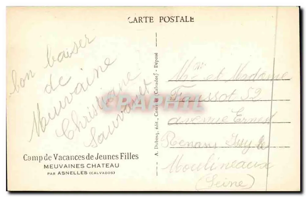Meuvaines - A Praia — Camp de Vacances de Jeunes Filles — A. Dubon, éd. (Calvados) - Verso
