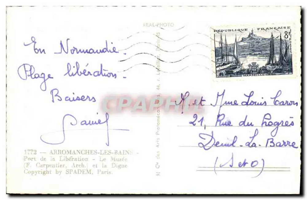 Arromanches-les-Bains — Puerto de la Liberación y el Museo (F. Carpentier, Arch.) — SPADEM, París, n° 1772 - Reverso