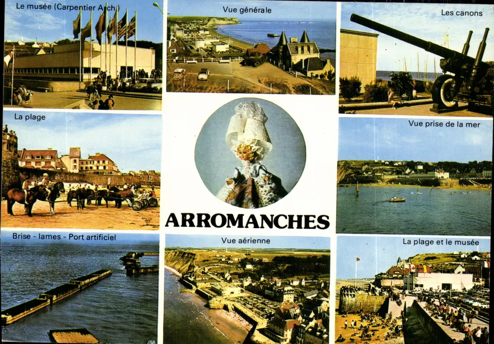 Arromanches — Vista geral, os canhões, a praia, o museu (Carpentier Arch) - Frente