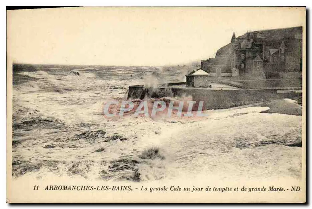 Arromanches-les-Bains — Ansicht der Grande Cale an einem stürmischen Tag und bei hohem Wasser — ND - Vorderseite