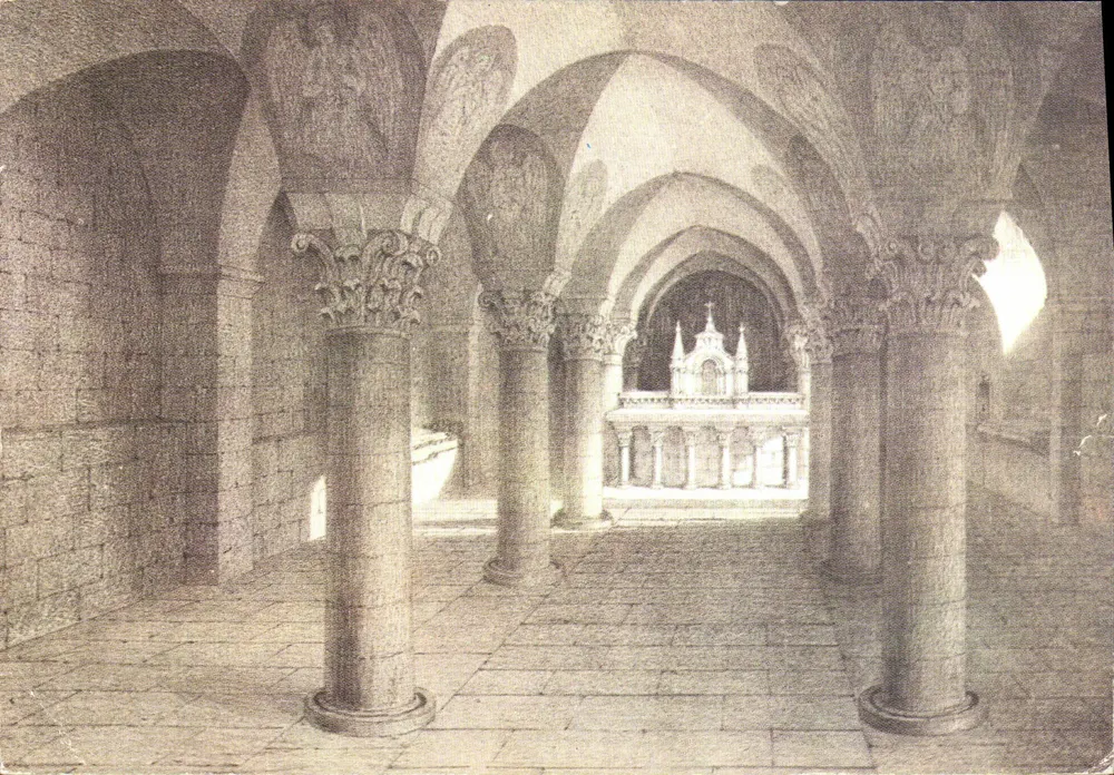 Crypte de la Cathédrale — vue intérieure avec colonnes et autel — Dessiné et lith. par A. Maugendre, éditeur ARTA ET Frères - Frente
