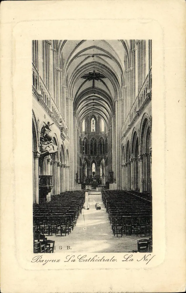 Bayrux La Cathédrale. La Nef — vue intérieure de la nef avec voûte gothique et chœur en arrière-plan, éditeur G.B. - Frente