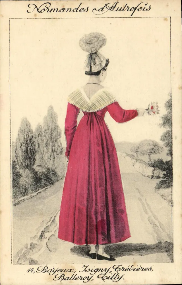 Normandin aus Aulrefois — Frau in rotem Kleid mit Blumenstrauß — Verlag Em. Bx. Paris, Nr. 14 - Vorderseite