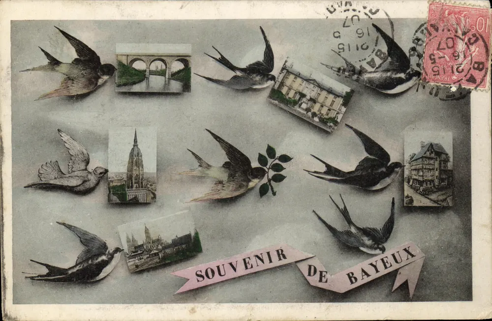 Lembrança de Bayeux — pássaros e vistas locais — editor desconhecido, número de série não visível - Frente