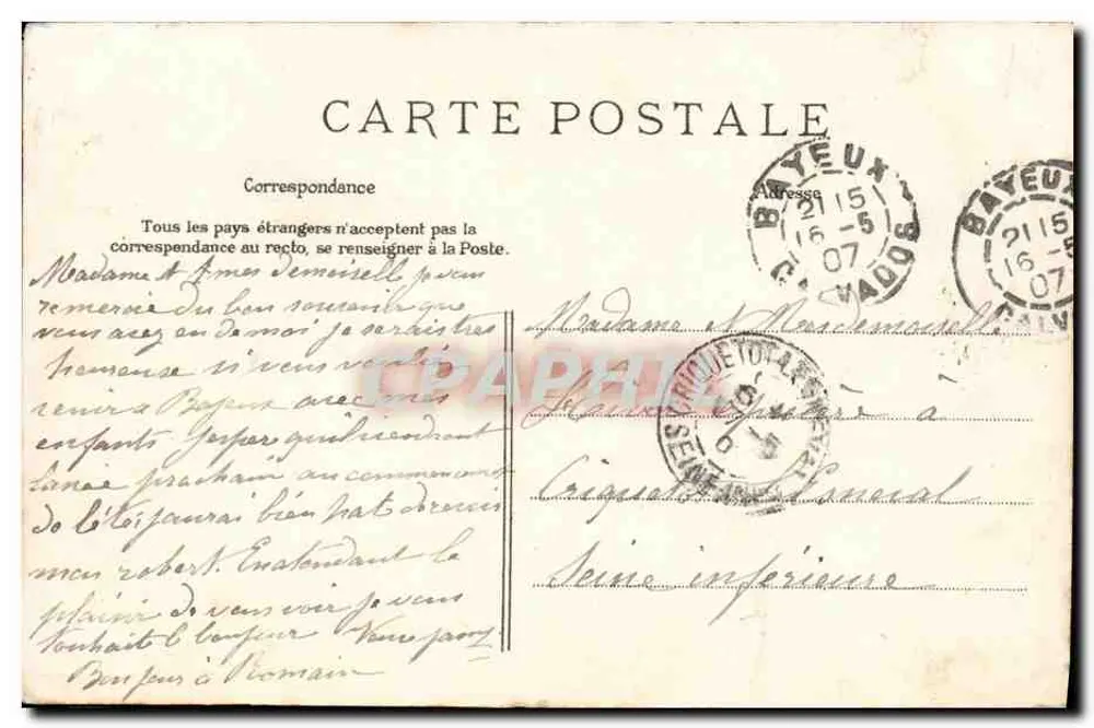 Lembrança de Bayeux — pássaros e vistas locais — editor desconhecido, número de série não visível - Verso