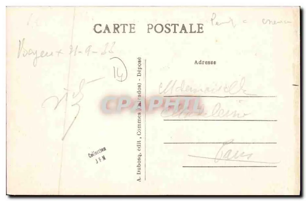 Bayeux — Hotel do Leão de Ouro — A.D. — Editor A. Dubosq, n° 9 - Verso