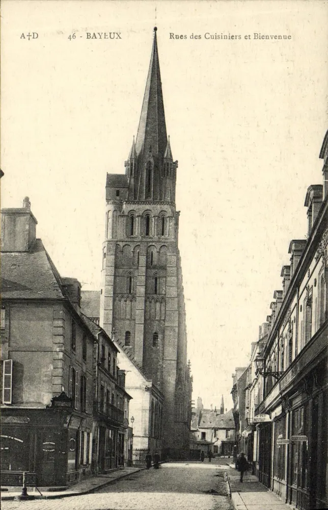 Bayeux — Kirchturm — Straßen der Köche und Willkommens — A. Dubosq, Verlag, Déjose (London) - Vorderseite