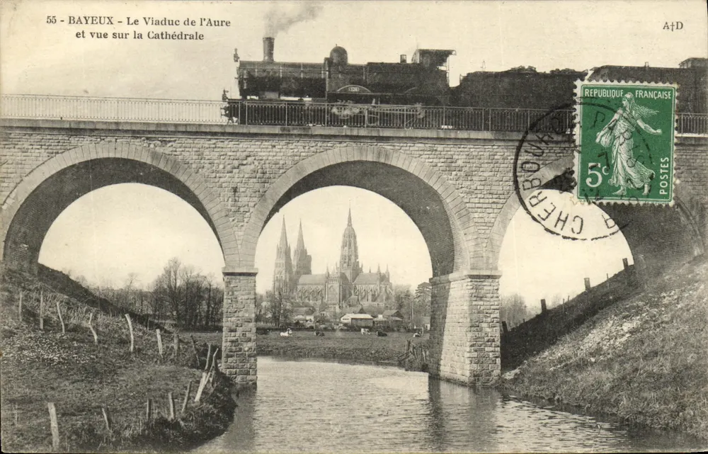 Bayeux — Viadukt der Aure und Blick auf die Kathedrale — A. Fribong, Verleger, Déroué - Vorderseite