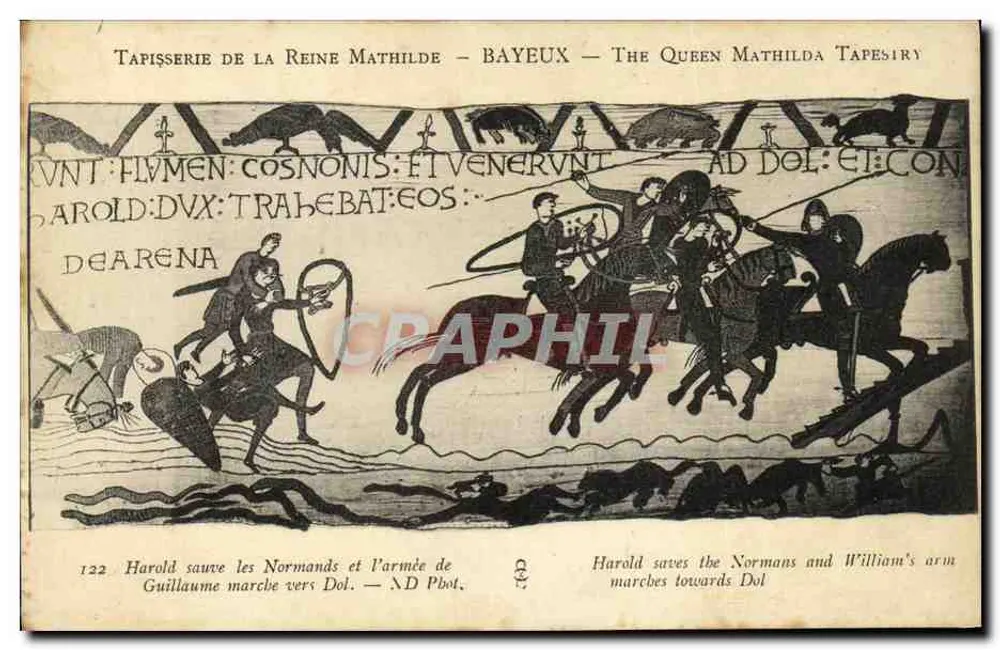 Tapisserie der Königin Mathilde — Bayeux — Harold rettet die Normannen und die Armee Wilhelms marschiert nach Dol - Vorderseite