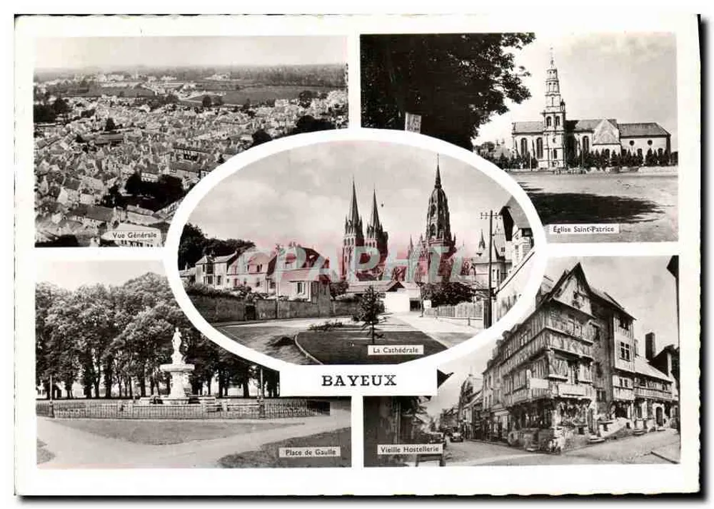 Bayeux — Vista geral, catedral, igreja Saint-Patrice, praça de Gaulle, velha hospedaria — Edições ARTAUD père et fils, Nantes - Frente