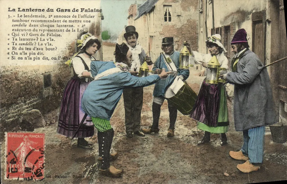 Die Lanterne des Mannes aus Falaise — Karnevals-Szene mit gedrucktem Text — Verlag: Cholot, Falaise - Vorderseite