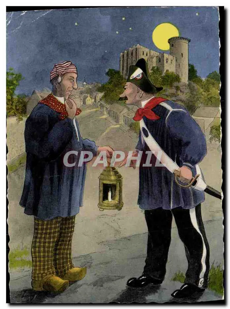 Zwei Männer unter der Mond — nächtliche Szene mit Schloss im Hintergrund — Verlag Photomécanique de Paris, n°518 - Vorderseite