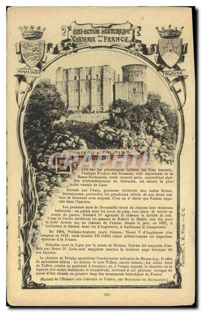 Schloss Falaise — Auszug aus der historischen Sammlung der französischen Schlösser, Verleger Cartellier, L. M. Paris, n° 61 - Vorderseite